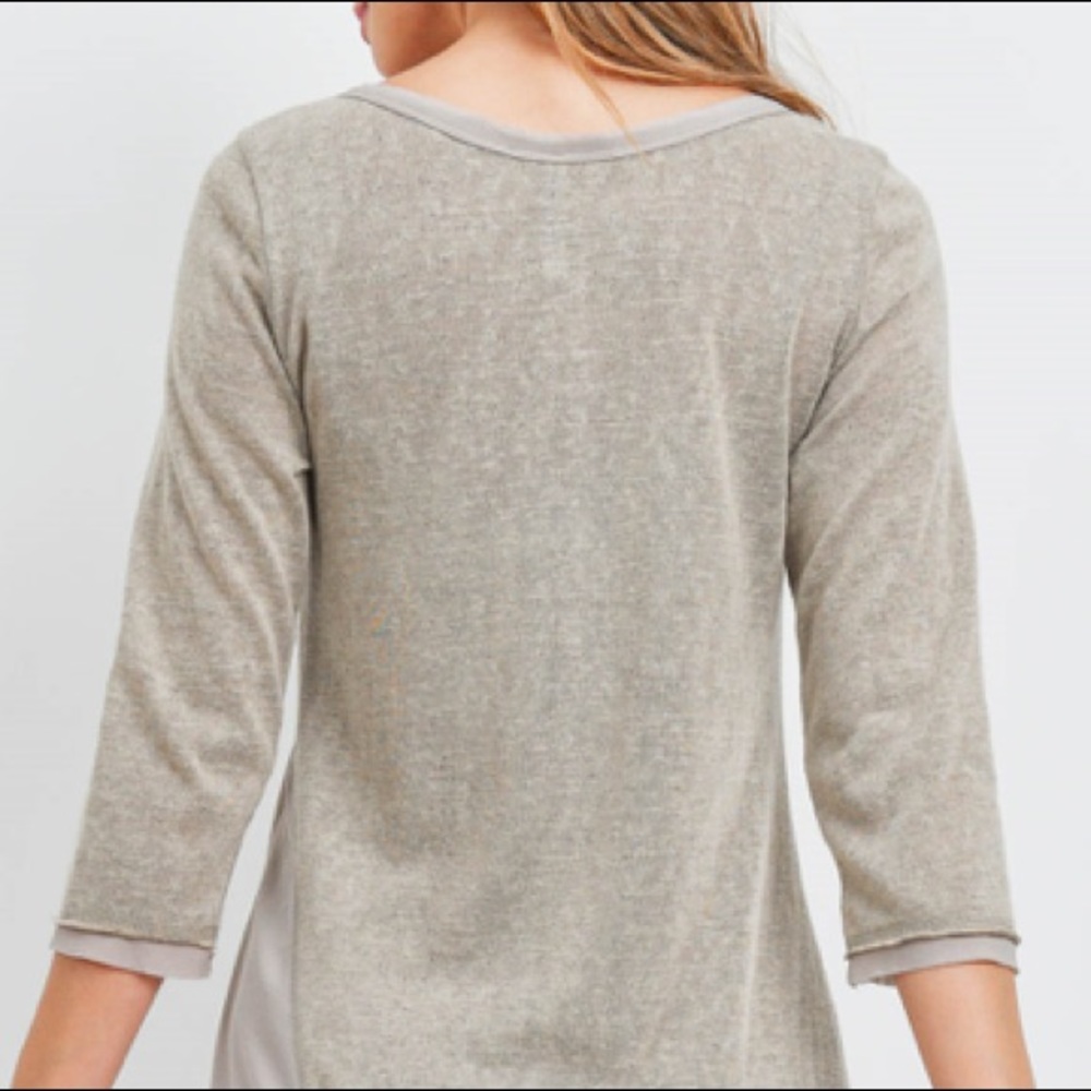 Taupe 3/4 sleeve round neck asymmetric hem two-tone shift dress. CUTE! - Picture 6 of 10